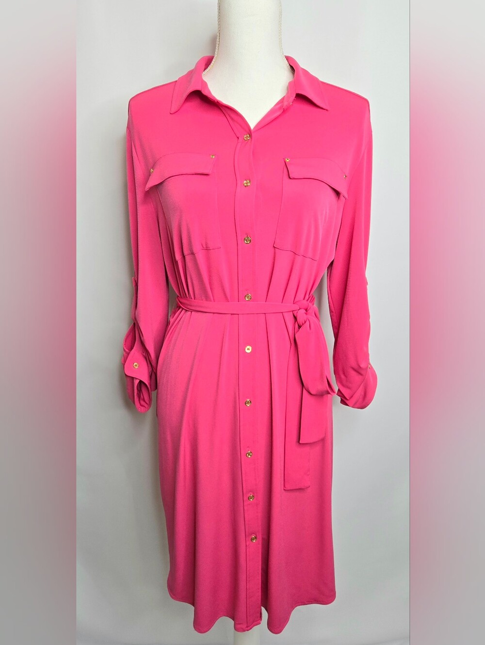 Calvin Klein Hot Pink Utility Shirt‎ Dress Roll Tab Sleeves Tie Waist NWOT 10